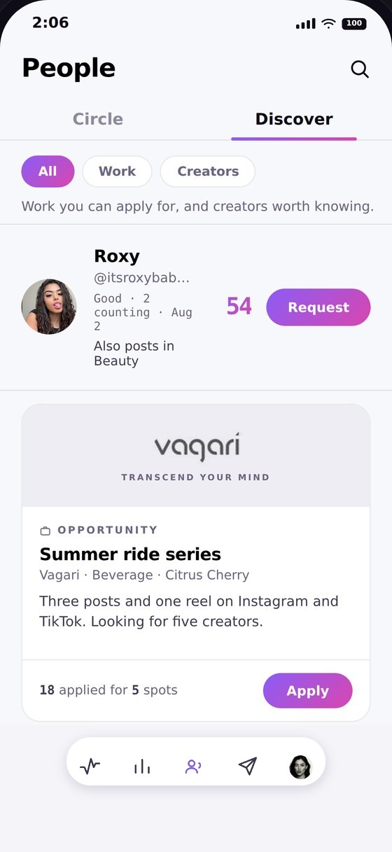 Vadera Pulse People screen on the Discover tab showing a creator with a verified score and a brand opportunity open for applications.
